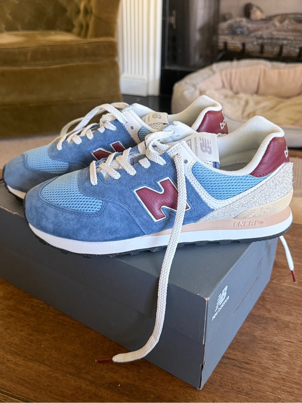 New Balance Kids Blue Suede & Mesh Sneakers with Maroon Accents